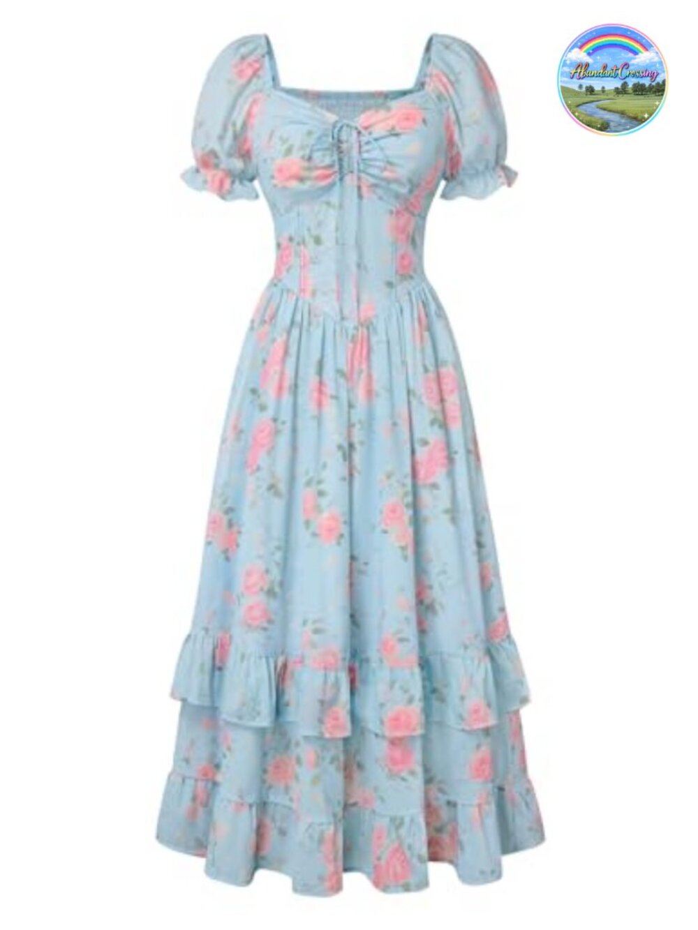 Puff Sleeve Floral Maxi Dress Corset Waist Smocked Back Pockets
